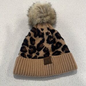 C.C Exclusives Soft Beanie Hat with Leopard Print Pattern and Faux Fur Pom